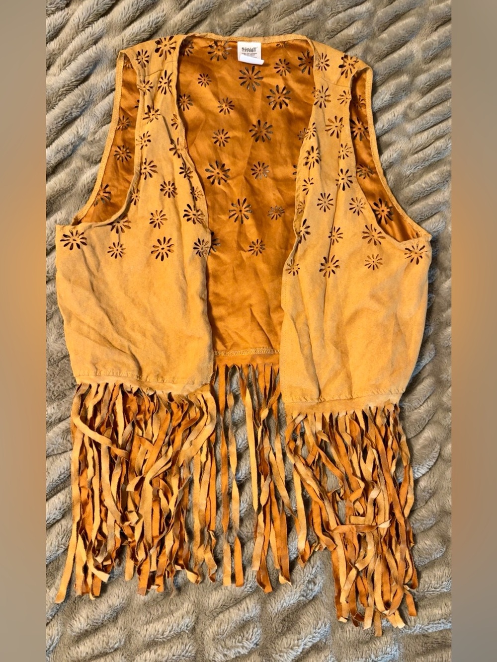 Spirit Mustard Suede Fringe Vest with Laser-Cut Floral Accents